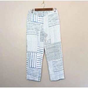 Chicos 100% Linen Blue White Blurred Stripes Ankle Pants Size 00 XS Pull On Wide